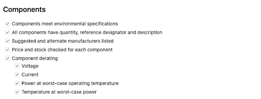 Component updates in the design review checklist template.