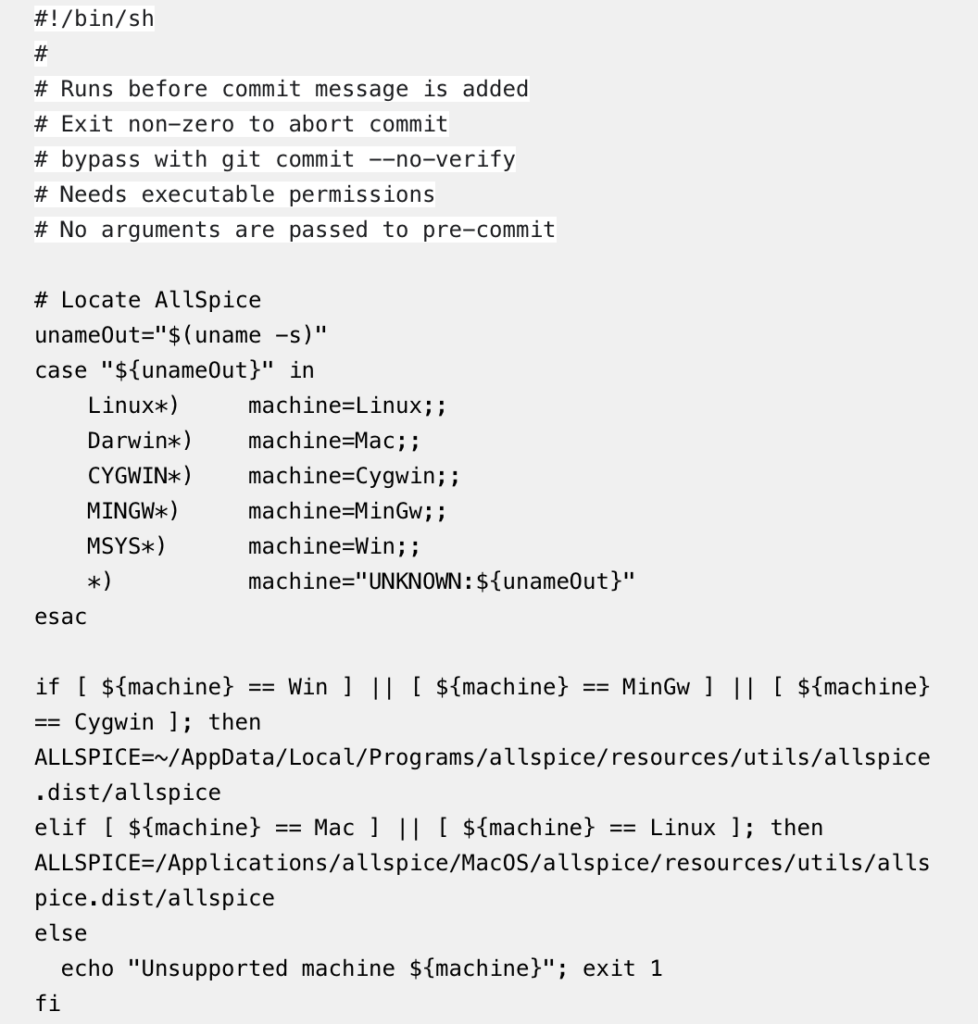 Githook script resolving the install path for the AllSpice render tool.